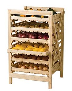 a wooden rack filled with lots of fruits and vegetables