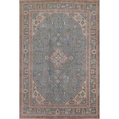 an antique rug with blue and beige colors