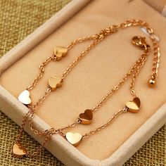 Anklets-Super Lovely Seven Hearts Rose Gold Double Chain Anklet Titanium Steel Anti Allergic Anklet Jewelry Woman Kid Best GiftModel Number:32868259580 Ankle Bracelets Gold, Anklet Set, Summer Anklets, Heart Anklet, Gold Anklet, Foot Jewelry, Double Chain, Chain Anklet, Anklet Jewelry