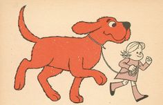 a drawing of a woman walking a red dog