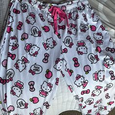 Brand New Hello Kitty Pj Pants Size: Medium Cute White Pants With Elastic Waistband, Playful White Pants For Loungewear, Cute Cotton Bedtime Pants, Cute Hello Kitty Print Pants For Pajama Party, Cute Pants With Hello Kitty Print For Pajama Party, Cute Cotton Lounging Pants, Cute White Pants For Sleepover, Playful White Loungewear Bottoms, Playful White Bottoms For Sleep