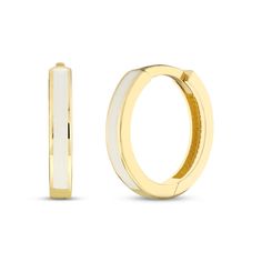 Chic and contemporary, these huggie hoop earrings are styled in 14K yellow gold and feature a vertical band of white enamel. The earrings secure with hinged backs. Huggie Hoop Earrings, Accessories Jewelry Earrings, White Enamel, Cute Earrings, Women's Earrings, Jewelry Inspiration, Jewelry Accessories, Hoop Earrings, Yellow Gold