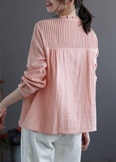 Chinese Style Pink Stand Collar Patchwork Wrinkled Button Cotton Shirts Long Sleeve Blouse Casual Fashion, Kurti Designs Latest, Fashion Design Patterns, Cropped Pants Women, Fashion Tops Blouse, Kurti Designs Party Wear, Kurta Designs Women, Shirts Long Sleeve, Trendy Fashion Tops