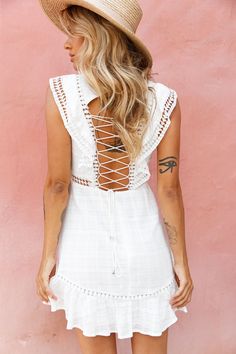 Buy the Reign Sleeveless Lace-Up Back Dress White | Selfie Leslie Sleeveless Dress With Lace-up Back For Day Out, Backless Mini Dress With Lace Trim For Vacation, Backless Lace Trim Mini Dress For Vacation, White Mini Dress With Back Zipper For Beach, Sleeveless Dresses With Corset Back For Day Out, White Dress With Lace-up Back For Day Out, Summer A-line Mini Dress With Lace-up Back, Summer Lace Back Mini Dress, Lace Back Mini Dress For Summer