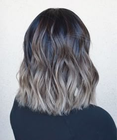 Bob With Silver Highlights, Bangs And Choppy Layers, Brown Balayage Bob, Bob Highlights, Light Brown Bob, Balayage Hair Ash, Ash Brown Balayage, Brown Bob, Balayage Bob