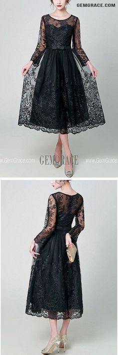 10% off now|Free shipping world-wide. Illusion Long Sleeves Black Lace Party Dress Tea Length at GemGrace. Click to learn our pro custom-made service for wedding dress, formal dress. View #BridalPartyDresses for more ideas. Party Lace Dress With Sheer Bodice, Elegant Lace Dress With Illusion Neckline For Prom, Elegant Sheer Lace Party Dress, Elegant Evening Tea Length Lace Dress, Knee-length Lace Bodice Dress For Party, Long Sleeve Lace Bodice Dress For Prom Season, Long Sleeve Lace Bodice Dress For Prom, Lace Dress With Illusion Neckline And Long Sleeves, Knee-length Lace Evening Dress For Prom