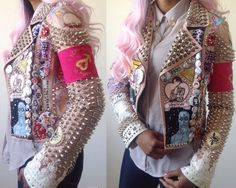 Progress on my weeb trash jacket filled with manga/comic/anime things. Always loved the aesthetic of punk jackets, but decided to make one in my own style. Pink Battle Jacket, Trash Jacket, Anime Battle, Girly Punk, Punk Vest, Punk Jacket, Pink Punk, Pastel Punk, Mode Punk