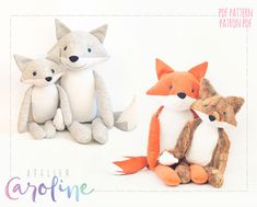 three stuffed animals sitting next to each other in front of a white background with text