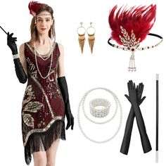 a woman in a flap dress and gats with accessories including gloves, necklaces, bracelets and earrings