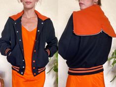 I'm unclear whether this adorable letterman's jacket was worn in the late 70s or early 80s, but lucky its original owner's number (AZ area code) is written on the inside label if anyone wants to solve the mystery. Regardless, it's sheer Americana perfection. It's super cozy, made from brushed wool, and the colors are great- inky black and vibrant orange. I am obsessed with this style of hood and that you get two totally different looks for the price of one. It's really the perfect fall jacket and would be great for layering into the winter. Retro Varsity Jacket With Contrast Collar For Fall, Vintage Varsity Jacket For College In Fall, 80s Varsity Jacket, Area Codes, Letterman Jacket, Fall Jackets, Vibrant Orange, Varsity Jacket, Layering