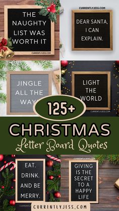 christmas sayings and quotes for the holiday season are displayed on wooden boards with holly wreaths