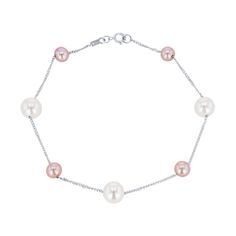 Beautifully delicate, this tin cup bracelet features pink and white freshwater pearls in alternating sizes measuring 5.5-7.5 millimeters. Pink Elegant Single Strand Beaded Bracelets, Elegant Pink Sterling Silver Round Bracelet, Elegant Pink Single Strand Beaded Bracelets, Elegant Pink Sterling Silver Bracelet, Pink Pearl Bracelet With Round Beads For Formal Occasions, Elegant Pink Bracelets With Pearl Chain, Formal Pink Pearl Bracelet, Pink Pearl Bracelet With Pearl Drop, Elegant Pink Bracelet With Pearl Charm