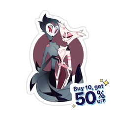 a sticker with an image of two cartoon characters hugging each other and the text buy 10 get 50 % off