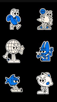 cartoon stickers are shown on a black background