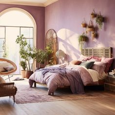 a bedroom with purple walls and lots of plants on the wall, along with a wicker chair