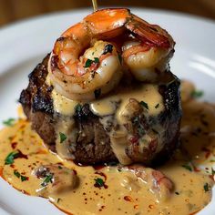 Filet Mignon with Shrimp and Lobster Cream Sauce Food Recipes For Dinner Healthy Low Carb, Steak Michelin Star, Steak With Lobster Topping, Gourmet Dinner For One, Steak With Shrimp And Lobster Sauce, Dinners He Will Love, Shrimp For Dinner Recipes, Steak With Lobster Sauce, Filet Mignon Dinner Ideas Sides