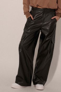 Carry Me Home Vegan Leather Wide-Leg Cargo Pants - ShopPromesa Casual Leather Pants With Side Pockets, Full Length Leather Pants With Pockets, Fall Leather Cargo Pants With Side Pockets, Leather Cargo Pants With Side Pockets For Fall, Casual Leather Bottoms With Side Pockets, Casual Leather Pants With Side Pockets For Fall, Casual Faux Leather Cargo Pants, Casual Leather Trousers With Pockets, Edgy Full-length Cargo Jeans