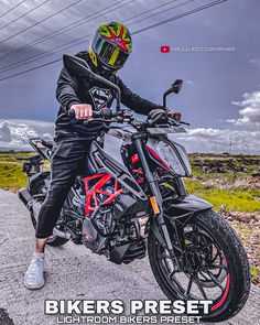 a man sitting on top of a motorcycle wearing a helmet and black leather pants with the words bikers preset lightroom bikes present