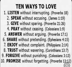 the ten ways to love written in black ink on white paper with words above it