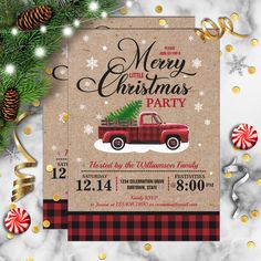 a christmas party flyer with an old red truck