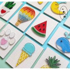 many different types of beaded cards with designs on them, including watermelon and pineapples