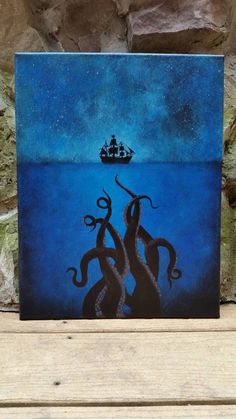 an octopus painting is shown on a wooden shelf next to a stone wall and a ship