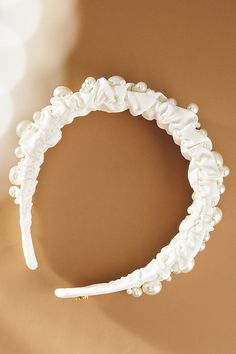 This piece features a ruched silhouette adorned with hand-placed pearls of varying sizes, adding a blend of modern and classic charm to any hairstyle. | Mixed Pearl Headband by Lele Sadoughi in White, Women's, Polyester/Faux Pearl at Anthropologie Elegant White Headband Jewelry, Spa Headband, Lele Sadoughi, Pearl Headband, Hair Accessories Headbands, Wedding Hair Accessories, Wedding Shop, Wedding Accessories, Faux Pearl