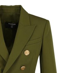 Crafted in Italy, this green blazer has gold-tone logo-embossed buttons and ‘80s inspired padded shoulders.HighlightsGreen grain de poudreEmbossed gold-tone buttonsPeak lapelsDouble-breasted button fasteningFront zip fastening pocketsChest welt pocketLong sleevesCuff zipsFull liningCurved hemComposition: Wool 100%Lining: Viscose 52%, Cotton 48%Dry Clean Only Gold Double-breasted Blazer For Fall, Tailored Gold Blazer With Double Button Closure, Gold Double-breasted Blazer, Gold Double-breasted Blazer For Office, Gold Tailored Double-breasted Blazer, Fitted Gold Double-breasted Blazer, Gold Double-breasted Office Blazer, Gold Formal Blazer With Double Button Closure, Gold Blazer With Double Button Closure And Notch Lapel