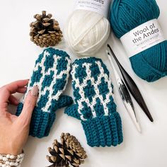 a hand is holding a knitted mitt next to some pine cones and knitting needles