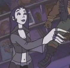 an animated image of two people in a room with bookshelves and shelves full of books