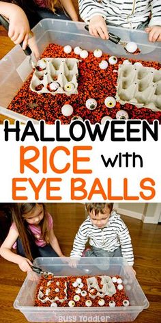 kids are making halloween rice with eyeballs and marshmallows in plastic containers