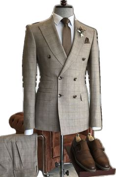 Grover Formal Light Brown Plaid Peaked Lapel Double Breasted Business Suits Classic Wedding Suits With Button Closure, Wedding Suit With Double Button Closure, Wedding Tuxedo With Double Breasted Closure, Tailored Tuxedo With Button Closure For Wedding, Double-breasted Wedding Suit, Wedding Tuxedo Suit, Wedding Tuxedo Suit With Button Closure, Elegant Three-piece Wedding Suit With Double Button, Wedding Tuxedo Suit With Double Button Closure