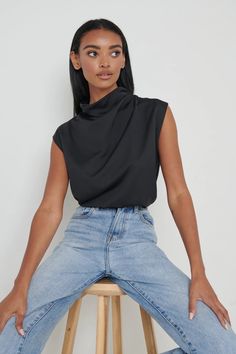 Farrah Blouse - Black – Pretty Lavish Cocktails With Friends, Minimal Monochrome, Pretty Lavish, Modest Top, Friends Style, Black Shirts Women, Draped Blouse, Lovely Tops, Blouse Outfit