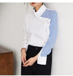 Side Striped Patchwork Blouse Shirt – Tomscloth White Long Sleeve Patchwork Top, Fitted Collared Top With Splicing, White Collared Patchwork Top, White Collared Tops With Patchwork, White Patchwork Collared Top, White Long Sleeve Shirt With Patchwork, Casual Collared Tops With Splicing, Fitted White Patchwork Tops, White Patchwork Tops For Work