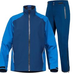 a blue jacket and pants with zippers on the bottom, both in different colors