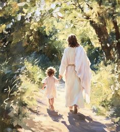 a painting of a woman and child walking down a path