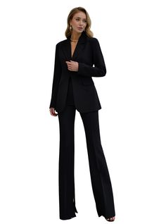 2-piece Womens Blazer Trouser Suit for office, business meetings, formal events and special occasions. Also perfectly combines with sneakers so after a long and tiring business day you can change you heels to sneakers and still look chic. DETAILS -  flared pants with slits  -  pants inseam 36,6 inches or 93 cm -  total pants length is 47,2 in or 120 cm -  slim fit   -  high rise -  blazer is buttoned -  blazer length is 27,5 in or 70cm -  sleeve length is 25,6 in or 65 cm -  single Breasted -  l Female Black Suit, Business Woman Suit, Black Office Pants, Office Pants Women, Black Pantsuit, Formal Blazer, Trouser Suit, Womens Blazer, Office Pants