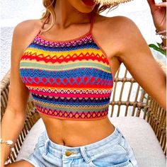 Women's Boho Knit Geometric Pattern Halter Top Nwt Rainbow / S Casual Patterned Knit Tops, Multicolor Winter Tops For Day Out, Casual Geometric Pattern Tops For Vacation, Summer Beach Tops With Geometric Pattern, Geometric Pattern Summer Beach Top, Colorful Fitted Beach Top, Fitted Colorful Beach Top, Fitted Colorful Patterned Top For Beach, Fitted Bohemian Knitted Top