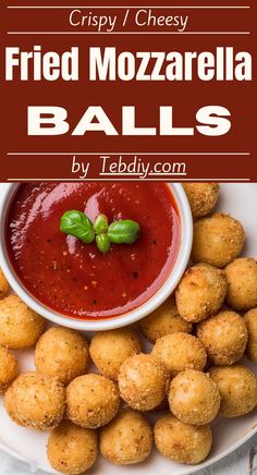 fried mozzarella balls on a white plate with tomato sauce and basil leaves in the middle