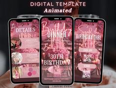 three cell phones with birthday party themes displayed on the screens and text that reads digital templates animated