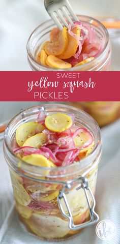 two mason jars filled with yellow squash pickles and sliced radishes in them