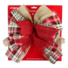 a red and white plaid bow with burlucks on the front of it