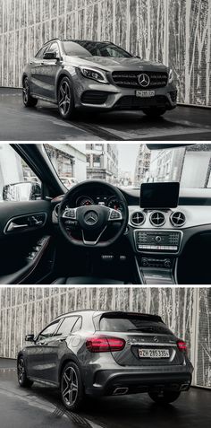 the inside and outside view of a mercedes car in three different pictures, one showing the dashboard