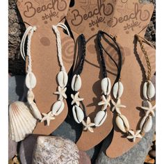 These are sooo cute !... An anklet or ankle bracelet hand made using cowrie shells and the cutest little starfish beads.   Strung on waxed cotton , these can be easily adjusted using the slidy knots. A definite beach vibe going on with these...perfect holiday accessories! Available in black, natural cream, or tan....make your choice ! Please have a look at my shop for more incredible products, and check out more anklets in the shell jewellery section of my shop ... https://www.etsy.com/uk/shop/SuzieCalypso Summer Strand Anklet With Starfish Charm, Summer Beach Anklets With Starfish Charm, White Starfish Charm Anklet For Beach, White Beach Anklets With Starfish Charm, Starfish Anklets For Summer Vacation, Bohemian Shell Friendship Bracelets For Summer, Beach Shell Strand Anklets, Beachy Friendship Bracelets For Summer, Summer Vacation Starfish Anklets