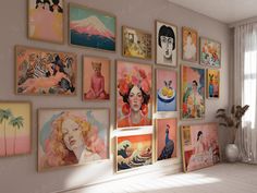 there are many paintings on the wall in this room, and it is very nice