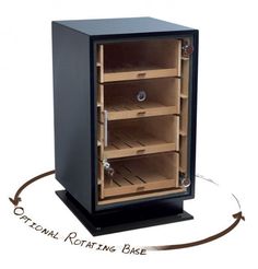 an open black cabinet with several drawers on the front and bottom, labeled'optical rotating base '