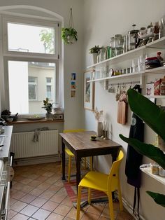 a kitchen with a table and yellow chairs