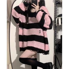 Fashion Girls Oversize Ripper Sweaters Stripe Knitwear Color: Black,Pink Material: Polyester Womens Size: One Size Length 69cm, Bust 130cm, Sleeve 51cm Note:  1.Due to the difference between different monitors, the picture may not reflect the actual color of the item.  Payment :  1). We accept all kinds of payments Contact us Your satisfaction is our first goal. For all messages, we will respond within 24 hours except international public holidays. Thanks for shopping with us Grunge Egirl, Striped Sweaters, Egirl Style, Striped Knitwear, Pull Rose, Striped Knitted Sweater, Sweaters Women, Look Retro, Loose Knit Sweaters