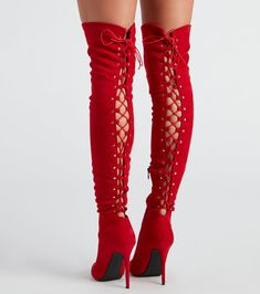 These sultry lace-up thigh-high boots deserve all the attention! They feature a pointed toe. a sleek stiletto heel. an inner zipper closure. a stunning lace-up back design. and a form-hugging fit. Style with a mini dress and a faux leather clutch.Fit & Features Thigh-high design Pointed toe Stiletto heel Partial inner zipper closure Lace-up back design. stud accents. tie closure Form-hugging fit Runs true to size Fall Party Lace-up Knee-high Boots, Chic Winter Party Lace-up Boots, Knee-high Lace-up Boots For Winter Party, Trendy Lace-up Boots With Pointed Toe For Night Out, Chic Lace-up Party Boots, Elegant Fitted Knee-high Lace-up Boots, Fitted High Heel Lace-up Boots For Party, Fitted High Heel Lace-up Winter Boots, Fitted High Heel Lace-up Boots For Winter