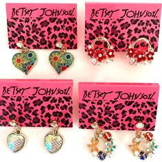 Nwt, Betsey Johnson 4 Sets Earrings. Gold Toned. Pierced Ear. Hearts, Flowers, Lady Bugs Trendy Assorted Party Jewelry, Black Cat Earrings, Crystal Pearl Earrings, Pierced Ear, Spider Earrings, Betsey Johnson Earrings, Lady Bugs, Stud Style, Dragonfly Earrings